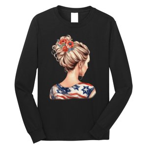 American Messy Bun Woman USA Flag Flowers Hair Long Sleeve Shirt