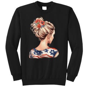 American Messy Bun Woman USA Flag Flowers Hair Sweatshirt