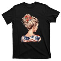 American Messy Bun Woman USA Flag Flowers Hair T-Shirt