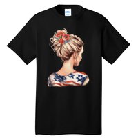 American Messy Bun Woman USA Flag Flowers Hair Tall T-Shirt