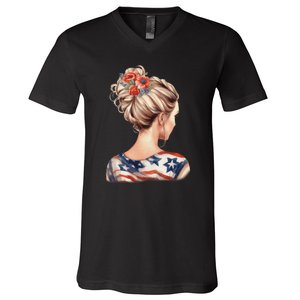 American Messy Bun Woman USA Flag Flowers Hair V-Neck T-Shirt