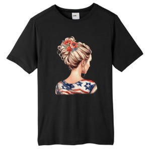 American Messy Bun Woman USA Flag Flowers Hair Tall Fusion ChromaSoft Performance T-Shirt