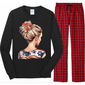 American Messy Bun Woman USA Flag Flowers Hair Long Sleeve Pajama Set