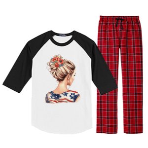 American Messy Bun Woman USA Flag Flowers Hair Raglan Sleeve Pajama Set