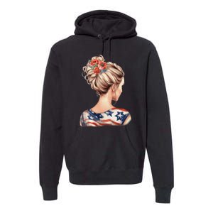 American Messy Bun Woman USA Flag Flowers Hair Premium Hoodie