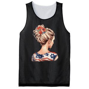 American Messy Bun Woman USA Flag Flowers Hair Mesh Reversible Basketball Jersey Tank