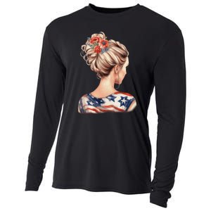 American Messy Bun Woman USA Flag Flowers Hair Cooling Performance Long Sleeve Crew