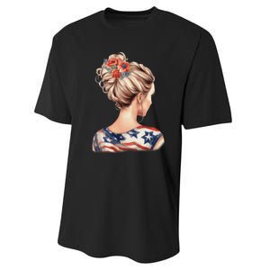 American Messy Bun Woman USA Flag Flowers Hair Performance Sprint T-Shirt