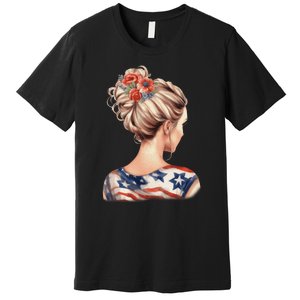 American Messy Bun Woman USA Flag Flowers Hair Premium T-Shirt