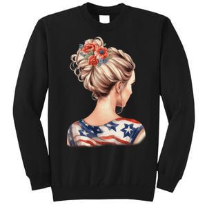 American Messy Bun Woman USA Flag Flowers Hair Tall Sweatshirt