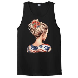 American Messy Bun Woman USA Flag Flowers Hair PosiCharge Competitor Tank