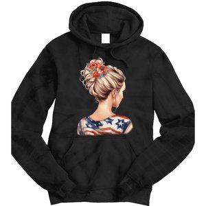 American Messy Bun Woman USA Flag Flowers Hair Tie Dye Hoodie