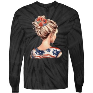 American Messy Bun Woman USA Flag Flowers Hair Tie-Dye Long Sleeve Shirt