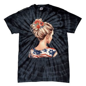 American Messy Bun Woman USA Flag Flowers Hair Tie-Dye T-Shirt