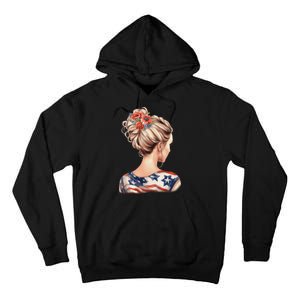 American Messy Bun Woman USA Flag Flowers Hair Tall Hoodie