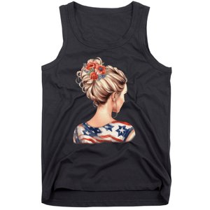 American Messy Bun Woman USA Flag Flowers Hair Tank Top