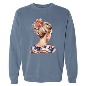 American Messy Bun Woman USA Flag Flowers Hair Garment-Dyed Sweatshirt