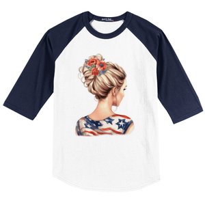 American Messy Bun Woman USA Flag Flowers Hair Baseball Sleeve Shirt