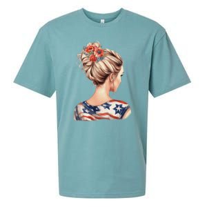 American Messy Bun Woman USA Flag Flowers Hair Sueded Cloud Jersey T-Shirt