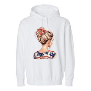 American Messy Bun Woman USA Flag Flowers Hair Garment-Dyed Fleece Hoodie