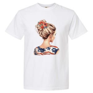 American Messy Bun Woman USA Flag Flowers Hair Garment-Dyed Heavyweight T-Shirt