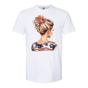 American Messy Bun Woman USA Flag Flowers Hair Softstyle CVC T-Shirt