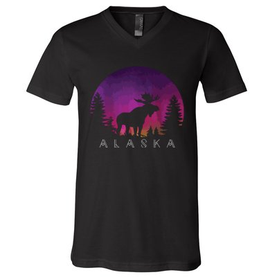 Alaska Moose Borealis Alaskan Landscape V-Neck T-Shirt