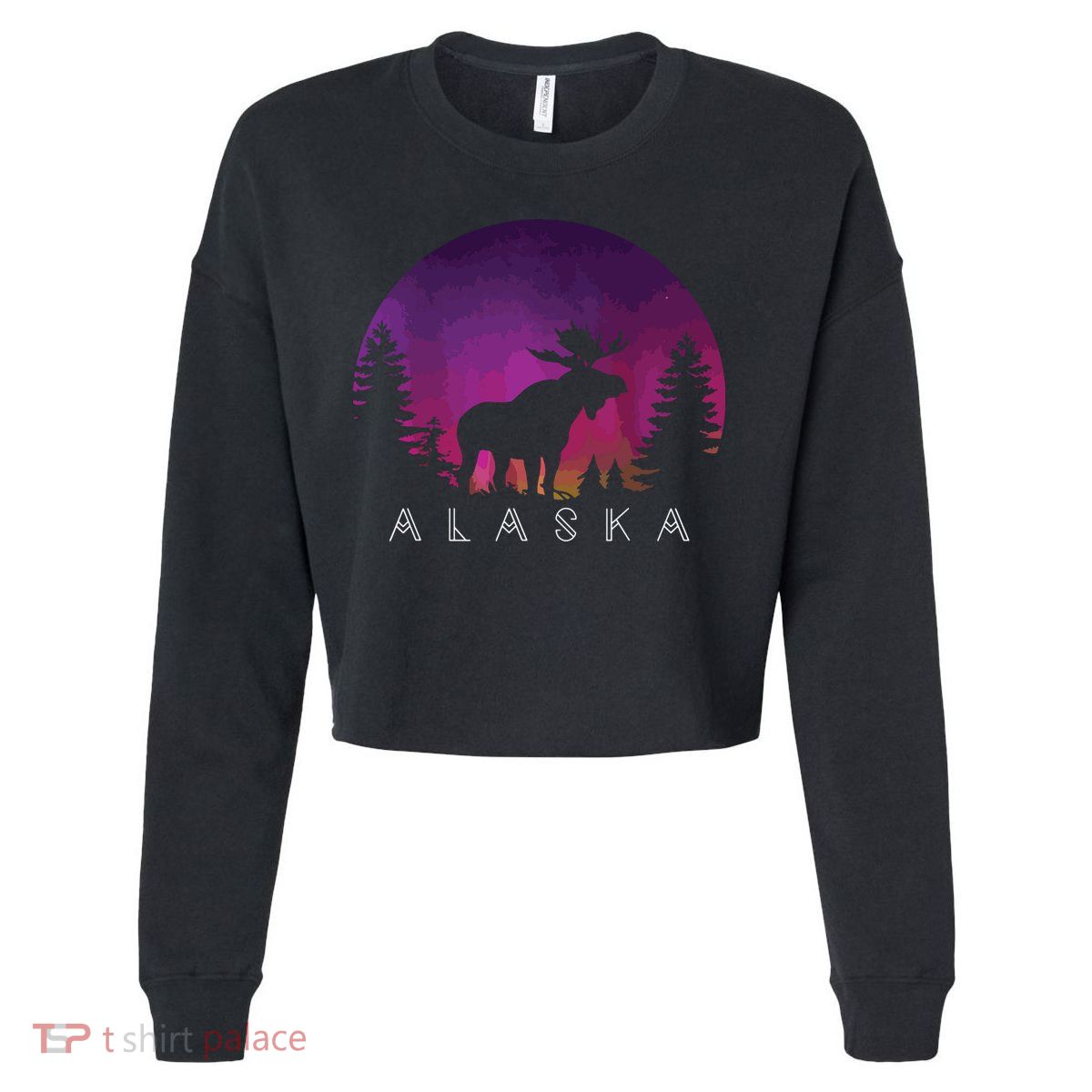 Alaska Moose Borealis Alaskan Landscape Cropped Pullover Crew