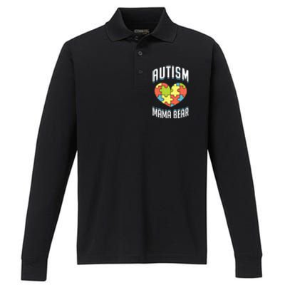 Autism Mama Bear Heart Puzzle Cute Autism Awareness Gift Performance Long Sleeve Polo