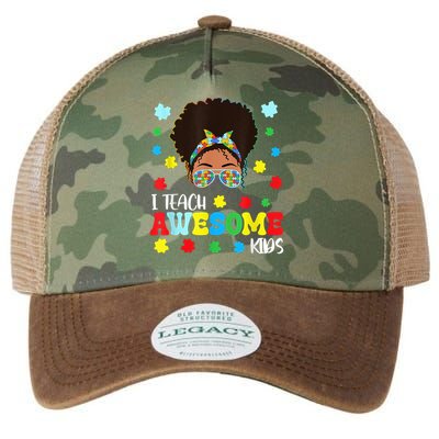 Autism Messy Bun Afro Black Teacher I Teach Awesome Legacy Tie Dye Trucker Hat