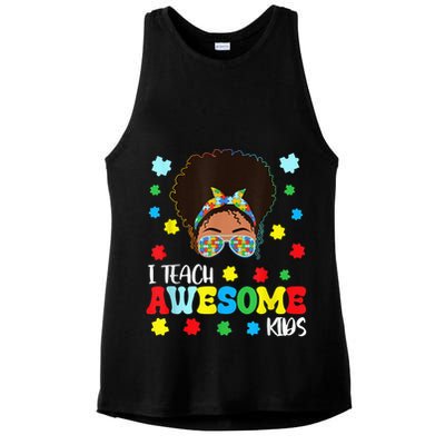 Autism Messy Bun Afro Black Teacher I Teach Awesome Ladies PosiCharge Tri-Blend Wicking Tank