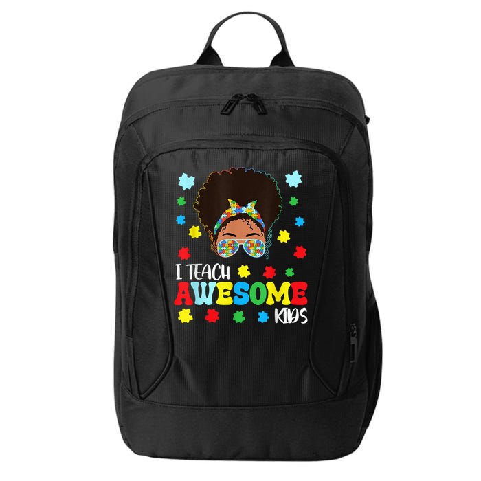 Autism Messy Bun Afro Black Teacher I Teach Awesome City Backpack