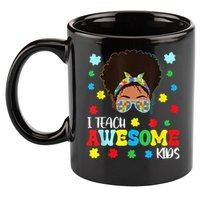 Autism Messy Bun Afro Black Teacher I Teach Awesome 11oz C Handle Ceramic Mug