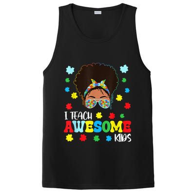 Autism Messy Bun Afro Black Teacher I Teach Awesome PosiCharge Competitor Tank