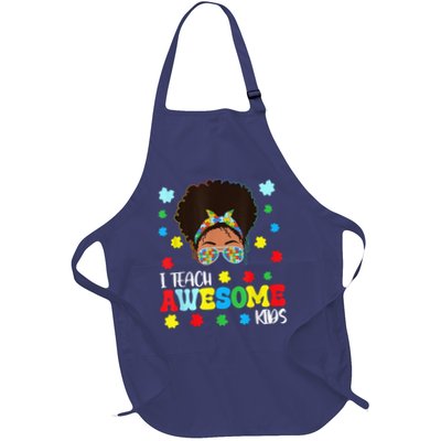 Autism Messy Bun Afro Black Teacher I Teach Awesome Full-Length Apron With Pockets