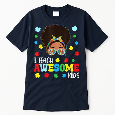 Autism Messy Bun Afro Black Teacher I Teach Awesome Tall T-Shirt