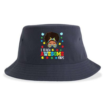 Autism Messy Bun Afro Black Teacher I Teach Awesome Sustainable Bucket Hat