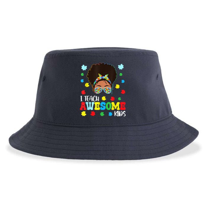 Autism Messy Bun Afro Black Teacher I Teach Awesome Sustainable Bucket Hat