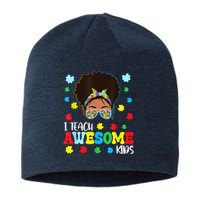 Autism Messy Bun Afro Black Teacher I Teach Awesome Sustainable Beanie