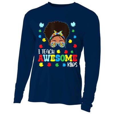Autism Messy Bun Afro Black Teacher I Teach Awesome Cooling Performance Long Sleeve Crew