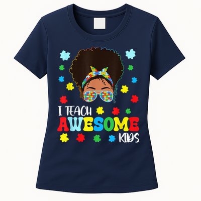 Autism Messy Bun Afro Black Teacher I Teach Awesome Womens T-Shirt