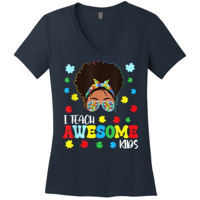 Autism Messy Bun Afro Black Teacher I Teach Awesome Women's V-Neck T-Shirt