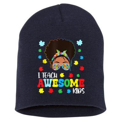 Autism Messy Bun Afro Black Teacher I Teach Awesome Short Acrylic Beanie
