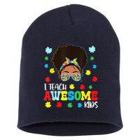 Autism Messy Bun Afro Black Teacher I Teach Awesome Short Acrylic Beanie