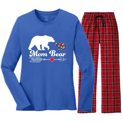 Autism Mom Bear Puzzle Autism Awareness Autistic Support Meaningful Gift Women's Long Sleeve Flannel Pajama Set 