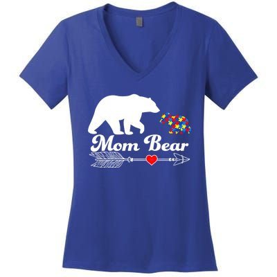 Autism Mom Bear Puzzle Autism Awareness Autistic Support Meaningful Gift Women's V-Neck T-Shirt