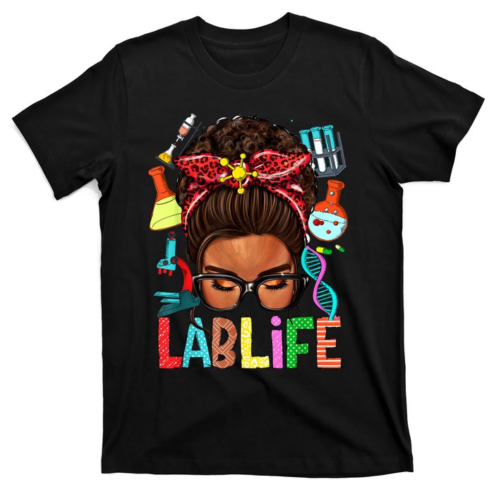 Afro Messy Bun Laboratory Life Lab Week 2024 Lab Technician T-Shirt