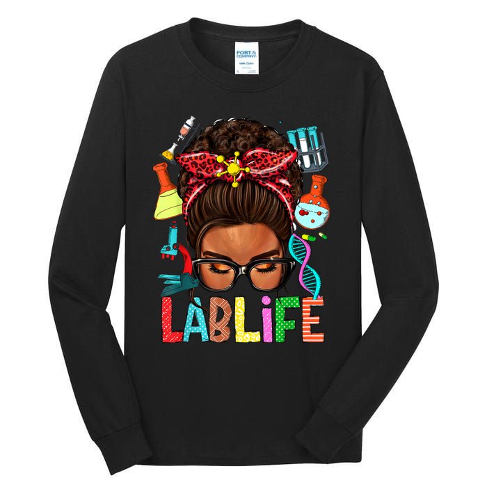 Afro Messy Bun Laboratory Life Lab Week 2024 Lab Technician Tall Long Sleeve T-Shirt