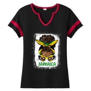 Afro Messy Bun Jamaica Flag Jamaican Girl Black Woman Ladies Halftime Notch Neck Tee