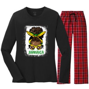 Afro Messy Bun Jamaica Flag Jamaican Girl Black Woman Women's Long Sleeve Flannel Pajama Set 